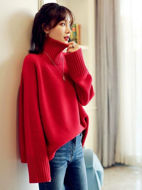 2022  Autumn Winter Fashion Turtleneck Women Korean Style Long Sleeve Loose Knitted Pullover Sweater Female Knitwear