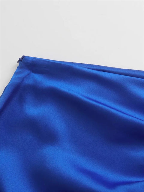 TRAF 2022 Blue Satin Skirt Women Ruched Split Long Skirts Woman Fashion High Waist Skirt With Slit Spring Elegant Midi Skirts