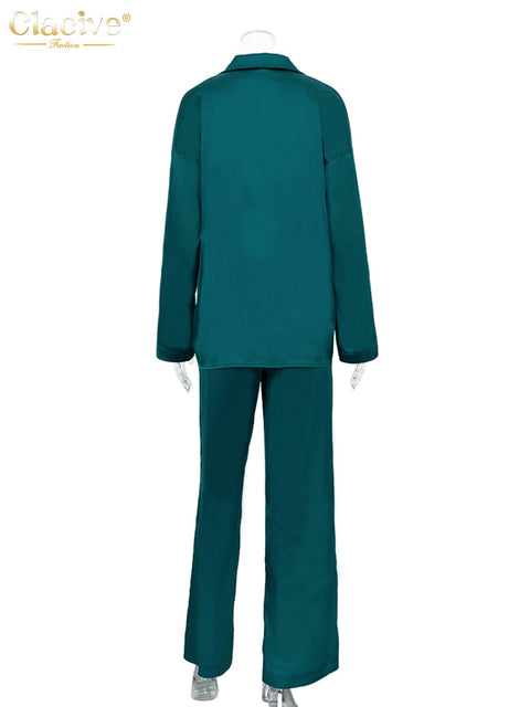 Clacive Fashion Long Sleeve Blazer Two Piece Sets Women Outifits Casual Loose Office Pants Set Elegant Green Satin Trouser Suits