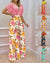 Summer Two Piece Set Women Fashion V-neck Bat Sleeve Top Printed Wide-leg Pants Suit Casual Two Piece Set Women