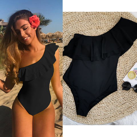 Women&#39;s One Piece Swimsuits One Shoulder Swimwear Asymmetric Ruffle Monokinis Bathing Suits