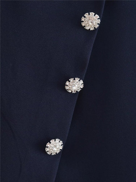 Woman Elegant Navy Blue Irregular Midi Dress 2022 Spring Chic Female Side Slit High Waisted Skirts Ladies Diamond Button Skirts