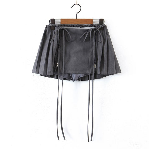 Y2k 2 Piece Set Women Cross-strap Crop Tops and Pleated Skirt Lace-up Double Zipper Mini Skirts Harajuku Cute Suits Outfits