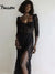 Yiallen Y2k Fashion Party Vacation Beach Sexy Black Lace Long Dress Women&#39;s Spring Quarter Sleeve Mid-Calf Dresses Clubwear