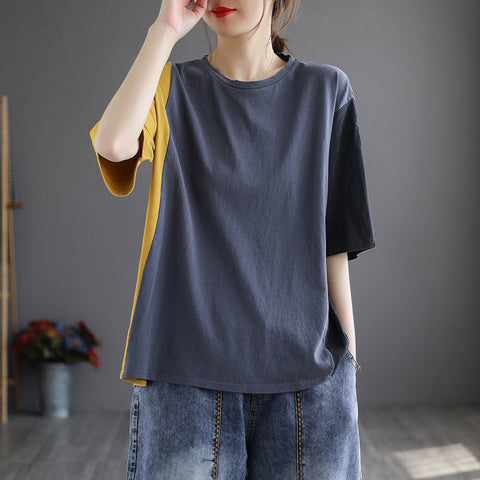 100% Cotton Woman T-shirts 2022 Summer New Loose Temperament Short Sleeve T-shirts Korean Fashion Splicing Retro Literary Top
