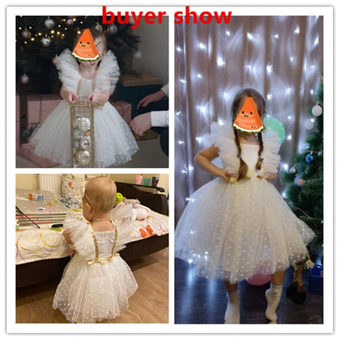 12M Baby White Baptism Dress Girl Ruffle Sleeve Birthday Princess Tutu Gown Flower Girl Wedding Party Dress 1st Communion Cloth