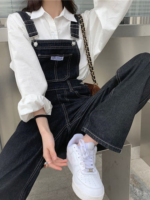 QWEEK Korean Fashion Denim Overalls Jumpsuits Women Black Baggy Jeans Oversize Wide Leg Pants Pockets Female Casual Trousers