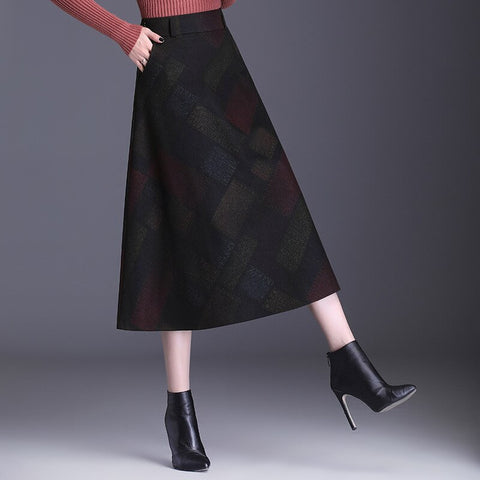 Vintage Plaid Woolen Long Skirt for Women Autumn Winter Zipper High Waist Elegant Chic Loose Office Lady Mid-long Skirts