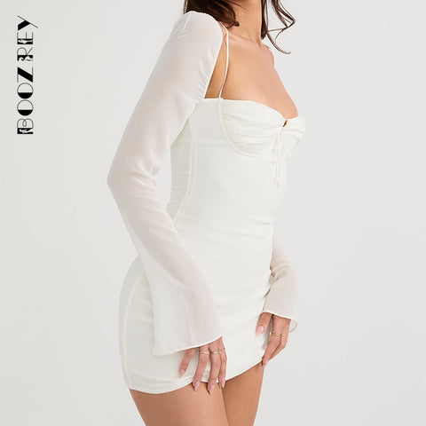 BoozRey Elegant White Hollow Out Halter Dresses For Women 2022 Sexy Chiffon Solid Long Sleeve Mesh Mini Dress Club Party Clothes