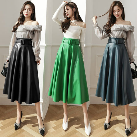 Wisher&amp;Tong Pu Leather Skirt High Waist Korean Fashion Pleated Skirt Black Green Elegant Women&#39;s Long Skirts Autumn Winter 2022