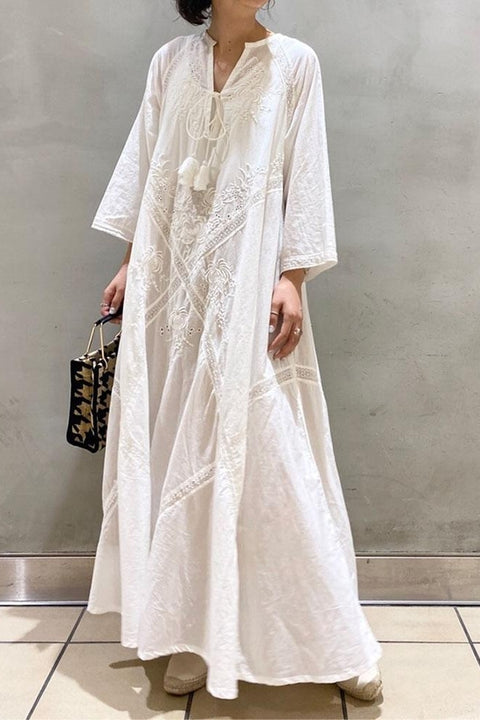 Loose Embroidery White Lace V-Neck Long Beach Dress 2022 Summer Boho Women Maxi Dress Elegant Dress Holiday Women Clothing
