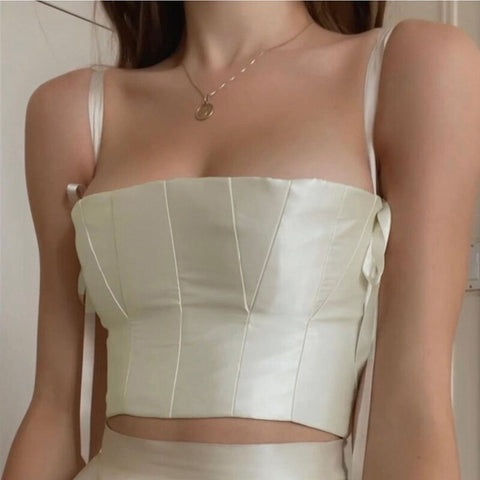 Elegant Lady Satin Two Piece Set Sexy Backless Bandage Strp Corset Crop Top High Waist A-line Skirt Women Summer Holiday Clothes