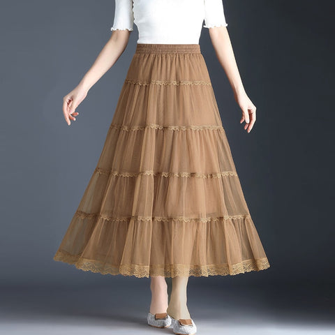 Women Midi Long Lace Skirts Spring Summer Elastic High Waist Female Mesh Pleated Skirt Fairy Streetwear