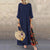 Women Vintage Maxi Dress Summer Solid O Neck Stitching Printed 3/4 Sleeve Side Buttons Dresses Loose Casual Long Dress Plus Size