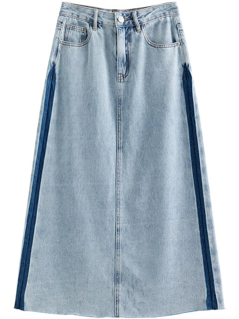 ZIQIAO Japanese Denim Blue Mid-Calf A-LINE Dress High Waist Hem Frayed Design Retro Skirts Office Lady Solid Spring Long Skirt
