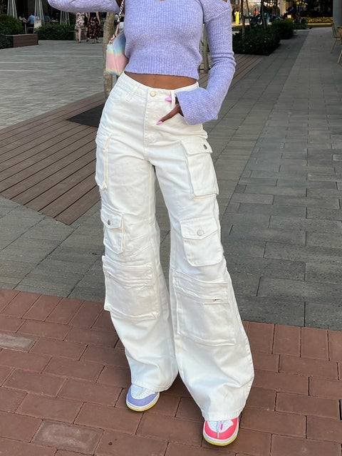 Women High Waist Baggy Jeans Flap Pocket Relaxed Fit Straight Wide Leg Y2K Pants Fashion Cargo Jeans Casual Slim Loose Trousers