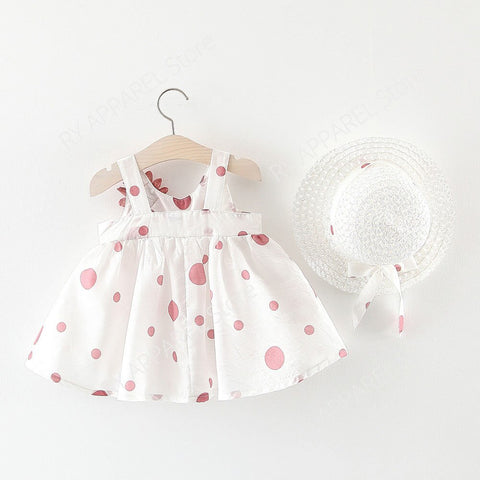 Dot Flower Decorative Infant Baby Dress Cotton Sleeveless Girl Baby Dresses Summer Clothing Newborn Toddler Dresses+Sunhat Set
