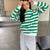 2022 green striped women&#39;s sweater high-quality texture, white stripe control must not miss high gram weight fabric spring and a