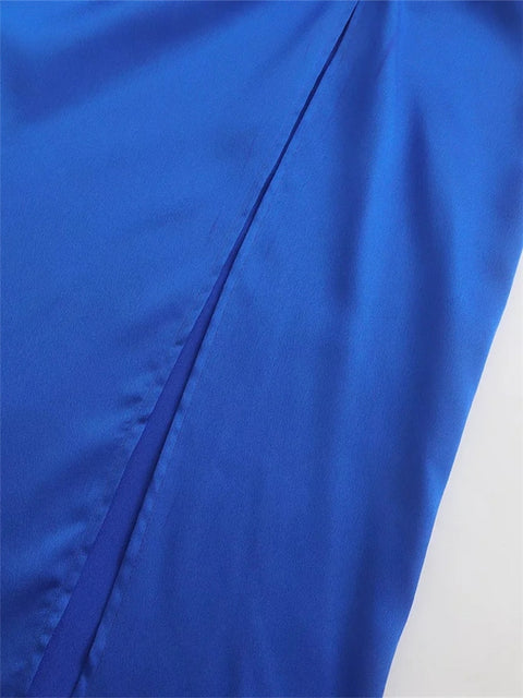 TRAF 2022 Blue Satin Skirt Women Ruched Split Long Skirts Woman Fashion High Waist Skirt With Slit Spring Elegant Midi Skirts