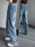 QWEEK Hip Hop Grunge Cargo Jeans Women Pockets Patchwork Kpop Vintage Wide Leg Denim Pants Oversize Embroidery Chic Trousers