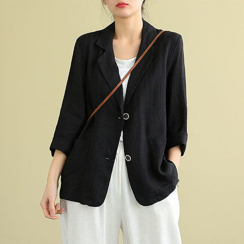 Cotton Linen Blazers Women Oversized Loose Notched Button Up Thin Blazer Coat Solid Color Long Sleeve Casual Office Jackets