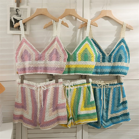 Summer Beach Crochet Bikini Set Women Sexy Tank Top + High Waist Shorts Boho VIntage Two Piece Sets Holiday Wear
