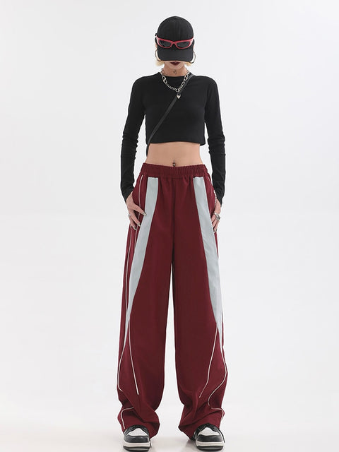2022 Fall Winter Women Vintage Elastic Waist Wide Leg Straight Cylinder Joggers Trousers Contrast Color Casual Loose Sweatpants