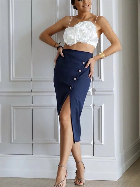 Woman Elegant Navy Blue Irregular Midi Dress 2022 Spring Chic Female Side Slit High Waisted Skirts Ladies Diamond Button Skirts