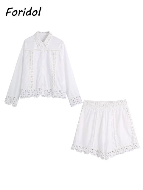 Hollow Out Corset Cotton White Women Blouse Shorts Set Office Casual Summer Spring Beach Suits Wide Leg Shorts Suit Outfits 2022