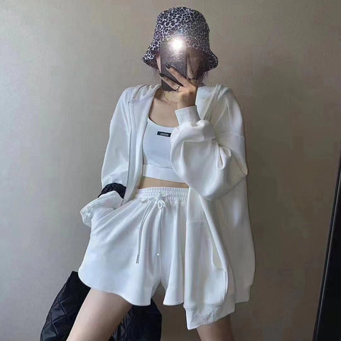 Casual Shorts Three 3 Piece Sets Women Vest Drawstring Shorts Hooded Zipper Jacket Sportswear Suits Female Solid Sports Hoodie