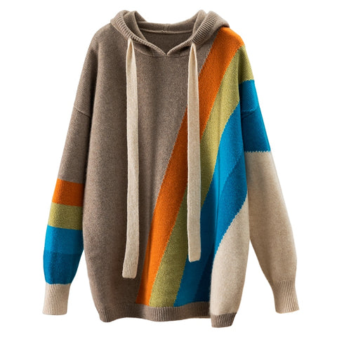 Autumn/Winter 2022 new rainbow inlaid loose and thick hooded 100% pure cashmere sweater women&#39;s hoodie long sleeve