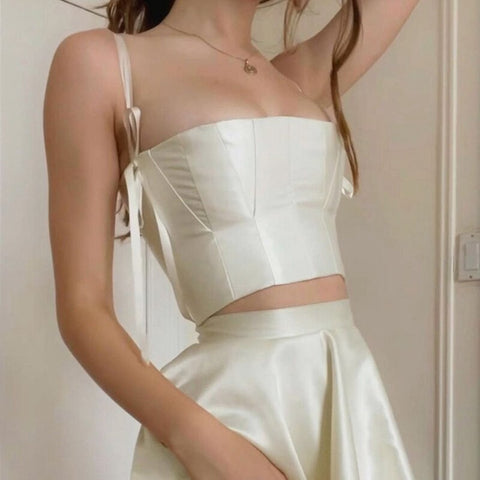 Elegant Lady Satin Two Piece Set Sexy Backless Bandage Strp Corset Crop Top High Waist A-line Skirt Women Summer Holiday Clothes