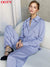 OOTN Blue Satin Home Wear Suit Spring Brown Long Sleeve 2 Piece Top And Pants Women Sets Loose Casual Solid Ladies Trousers Set