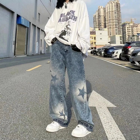 Women Jeans Korean Washed Star Pattern baggy High Street Loose Straight Y2K Trousers Summer Casual Streetwear Hip Hop Pants