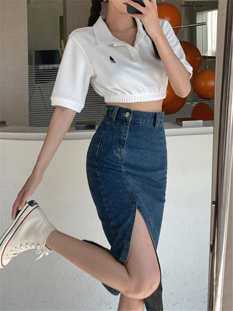 Seoulish 2023 New Women&#39;s Midi Denim Skirts Spring Summer Side Split High Wasit Jeans Skirt Straight Female A-line Pencil Skirt