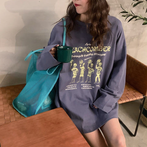 Women Long Sleeve T-shirts Leisure Soft Printed Trendy Korean Style Students Retro Tops Boyfriend O-neck Females Teens Simple