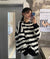 Winter Women&#39;s  Fashion Black and White Striped Sweater Lazy Wind Retro Loose Versatile Pullover Casual Thin Raglan Sleeve Top
