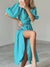 Mnealways18 Wrape Robe Linen Vacation Dress V-Neck Puff Sleeve Split Midi Dress Elegant Party A-Line Fit Flare Dress Women Chic