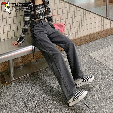 Street fashion hot girl Gothic gray lace high waist wide leg pants jeans women Harajuku Y2K all-match straight pants women