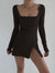 Sweetown Black Knitted Ribbed Midi Dresses For Women V Neck Elegant Korean Clothes Long Sleeve Ruffles Bodycon Dresses Autumn