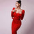 WYAOFLOVE New Elegant Party Women Dress Slim V Neck Long Sleeve Mid Calf Pencil Dresses Casual Office Lady Solid Red Puff Sleeve