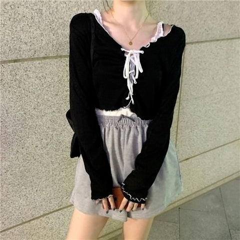 Women Long Sleeve T-shirts Lace-up Cardigan Patchwork Ruffles Trendy Sweet Lovely Crop Tops Sexy Females Coat Leisure Outwear