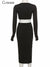 Cutenew Elegant Solid Black 2 Pieces Set Women Outfit Long Sleeves Crop Top+High Waist Side Slit Skirts Matching Lady Streetwear