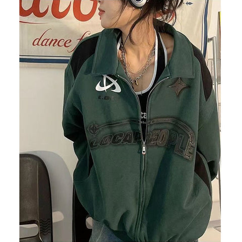 Deeptown Vintage Oversized Women Sweatshirts Grunge Y2k Korean Streetwear Green Black Zip Up Hoodies Female Hip Hop Fashion Tops