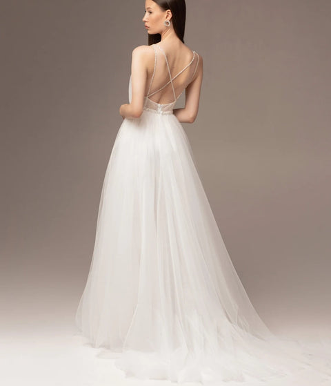 11985#Beading Spaghetti Straps Bohemian Tulle  A-Line Open Back Vestido De Noiva V-Neck Wedding Dress Wedding Bridal Gown