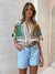 AL** Summer Women blouse 100% ramie Flower Folds V-neck turn-down collar short sleeve printing shirt