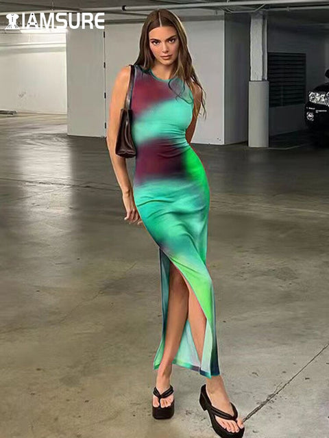 IAMSURE Tie Dye Printed Split Dress Holiday Sexy Slim Sleeveless O-Neck Maxi Dresses For Women 2022 Beach Style Straight Dress