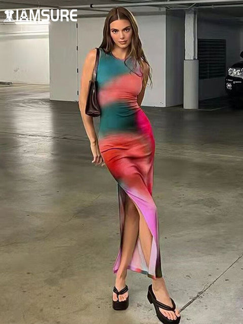 IAMSURE Tie Dye Printed Split Dress Holiday Sexy Slim Sleeveless O-Neck Maxi Dresses For Women 2022 Beach Style Straight Dress